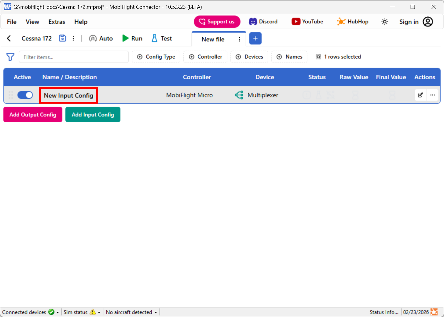 Screenshot of the main window with the New Input Config row text highlighted.