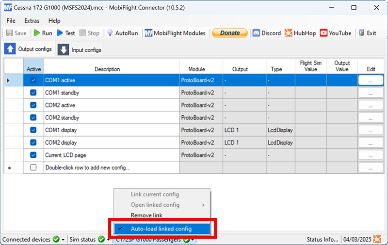 Screenshot of the main MobiFlight window with the aircraft menu open and the Auto-load linked config menu item checked and highlighted.