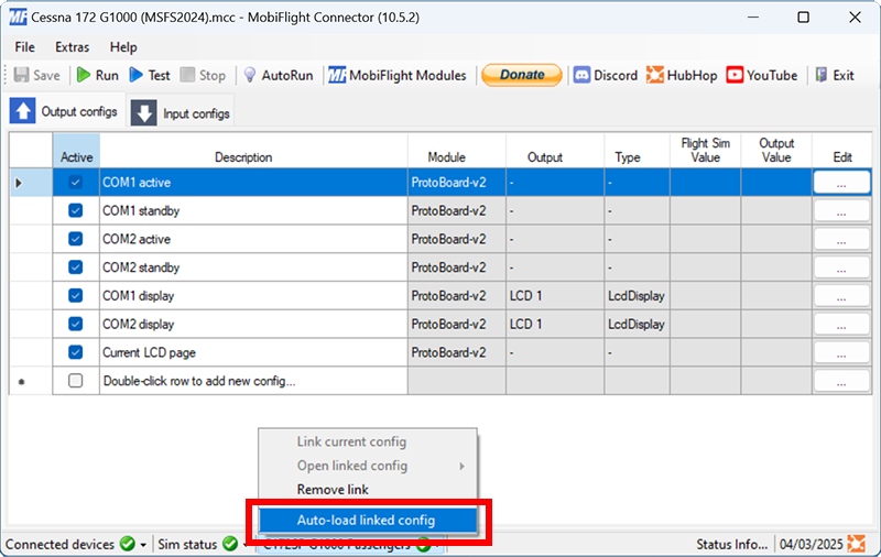 Screenshot of the main MobiFlight window with the aircraft menu open and the Auto-load linked config menu item unchecked and highlighted.