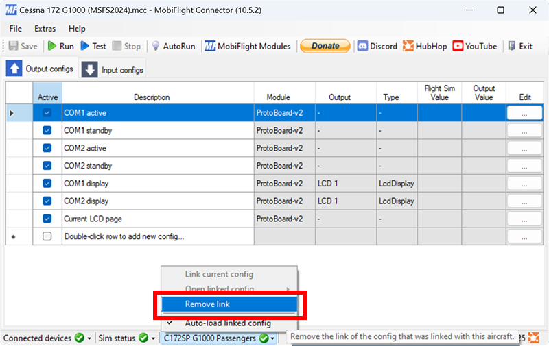 Screenshot of the main MobiFlight window with the aircraft menu open and the Remove link menu item highlighted.