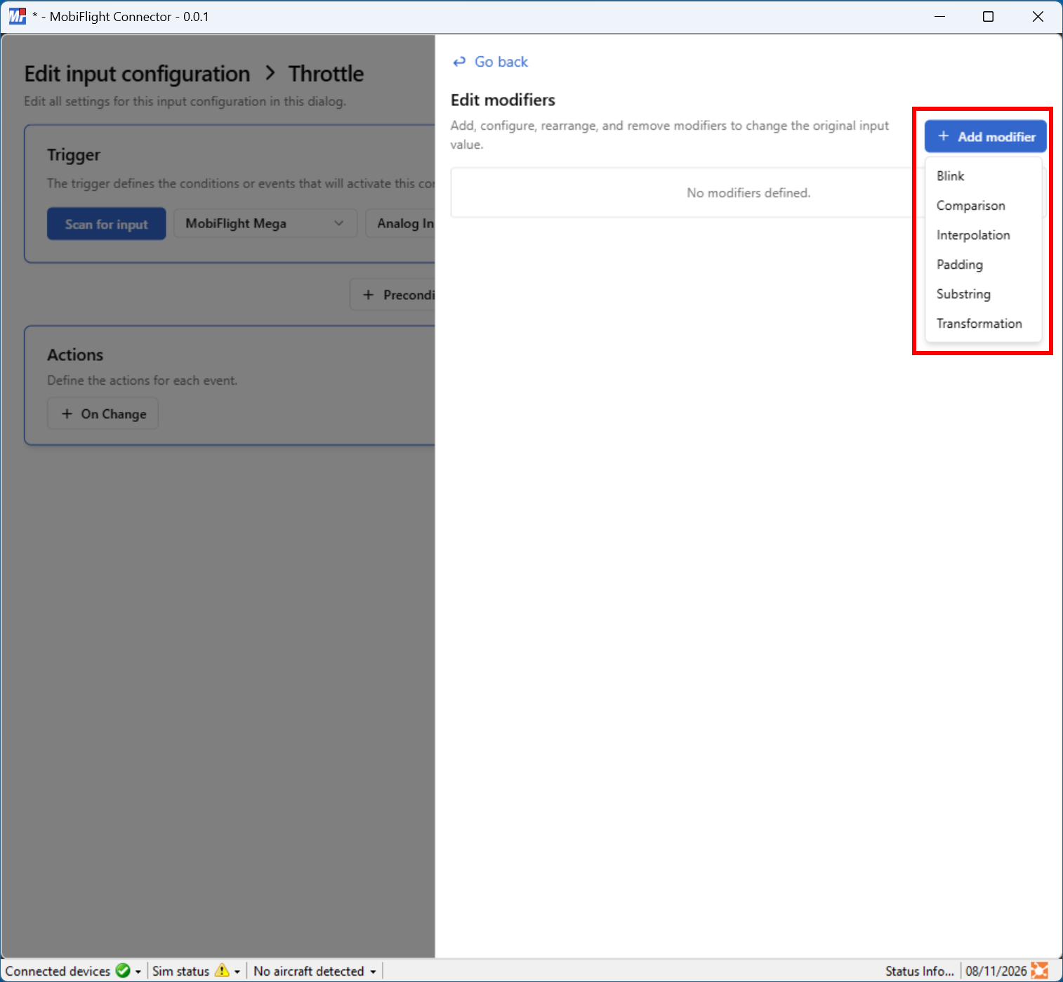 Screenshot of an input configuration with the Modify pane open and the Add Modifier menu button open.