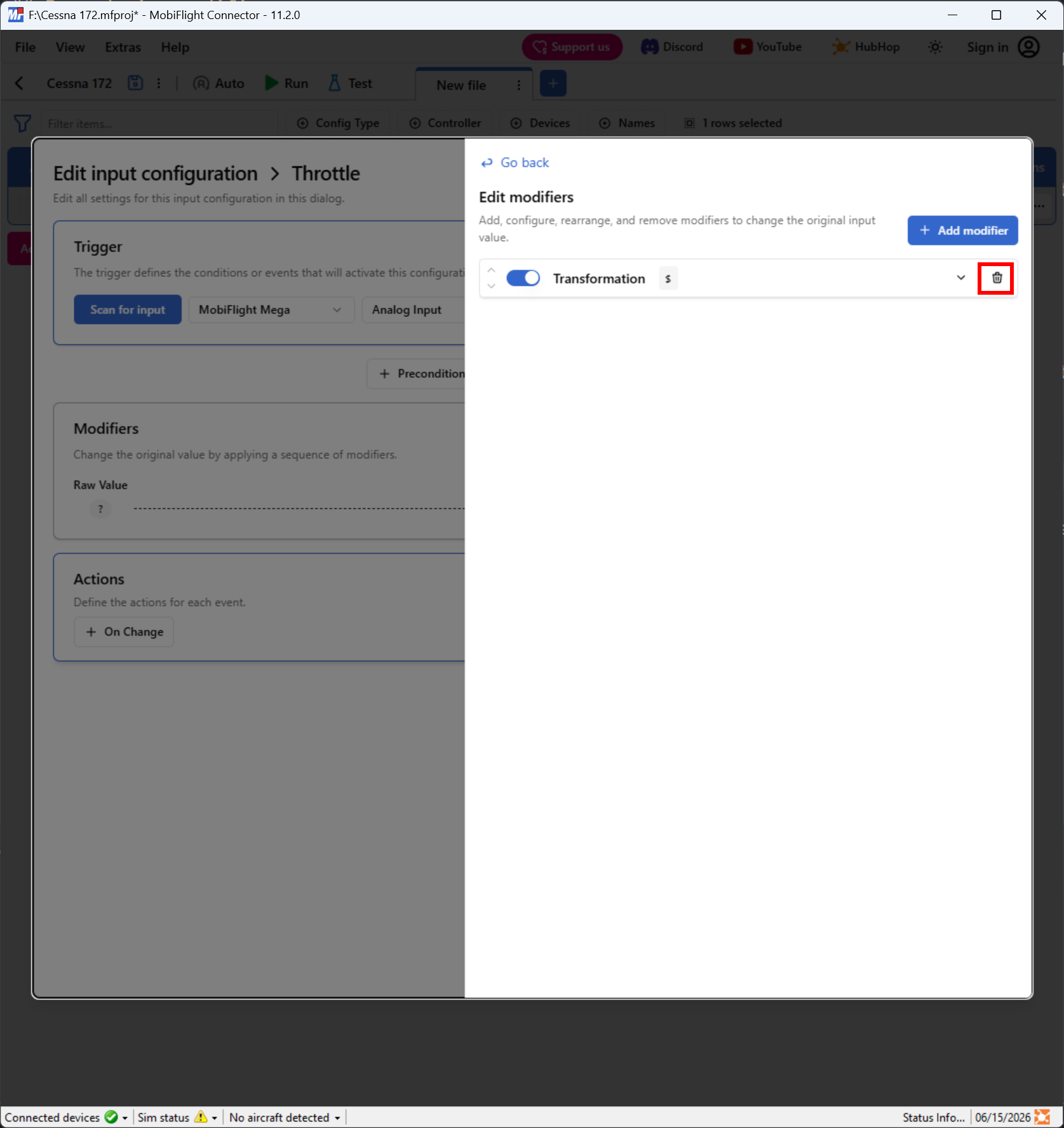 Screenshot of the Modifiers pane with a delete icon highlighted.