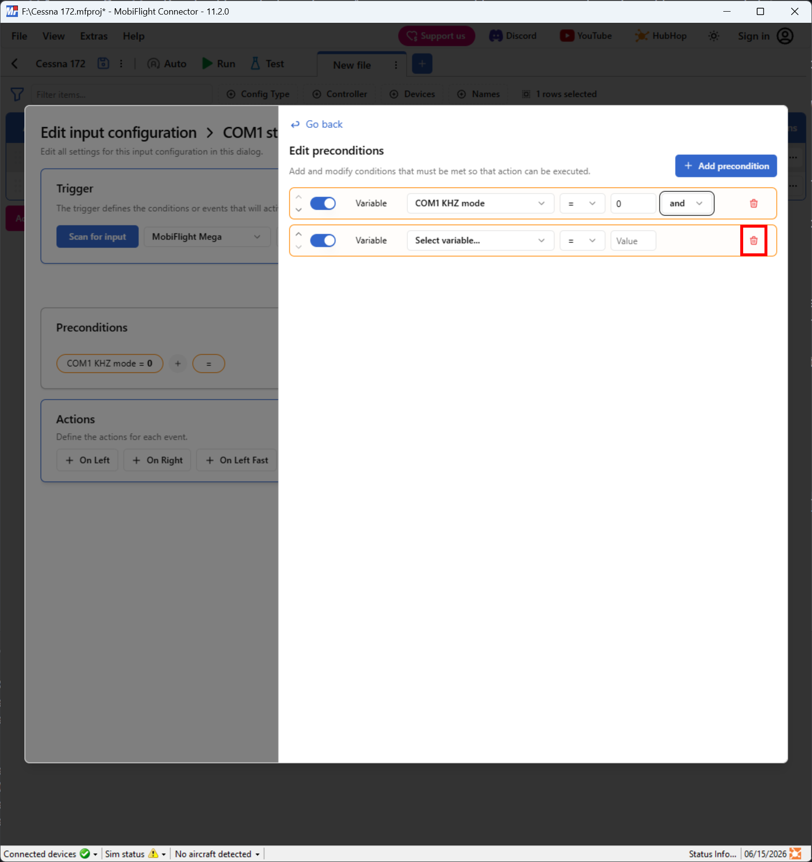 Screenshot of the precondition pane with a delete icon highlighted.