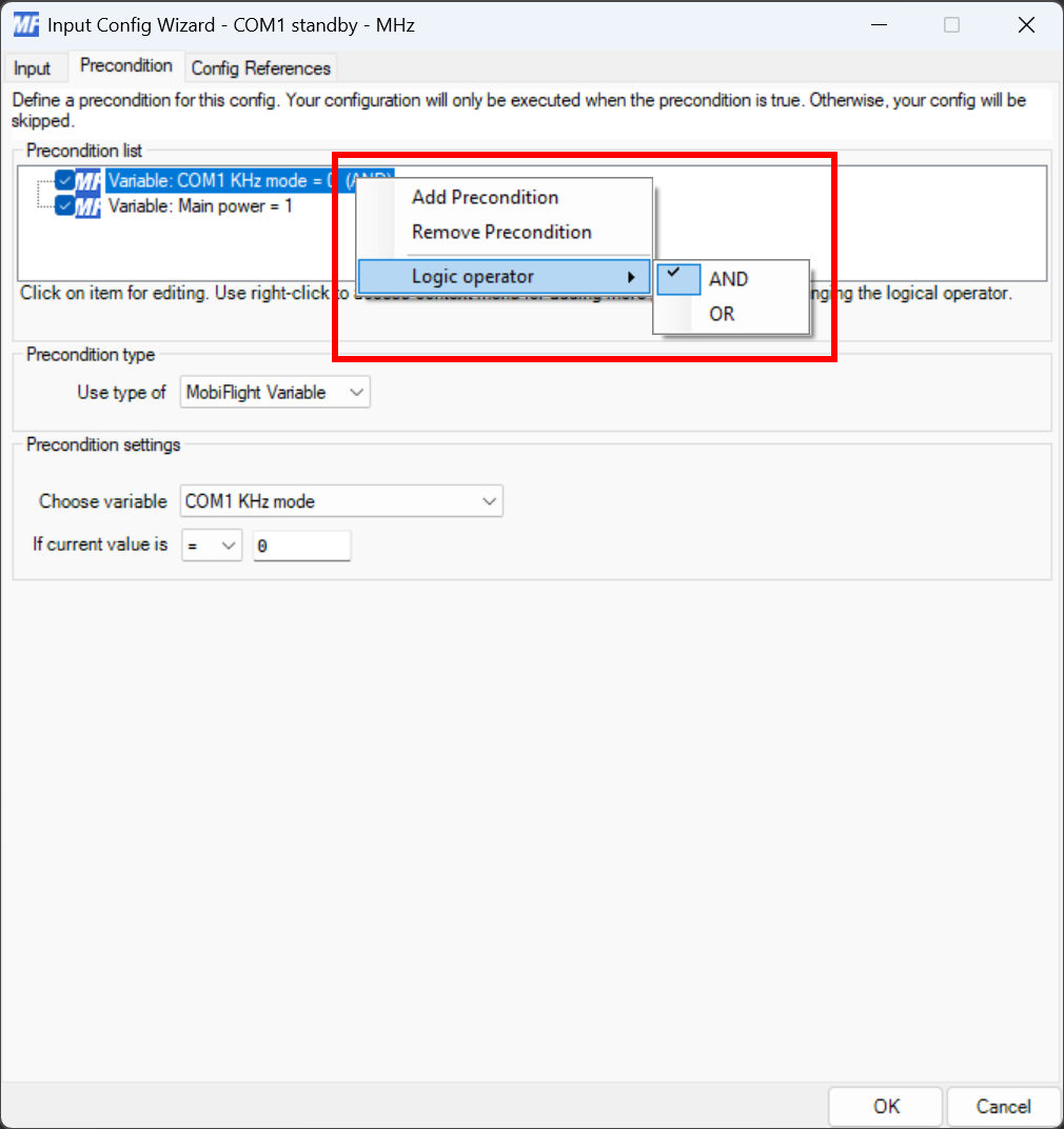 Screenshot of a precondition with the context menu open to the Logical Operators menu item.