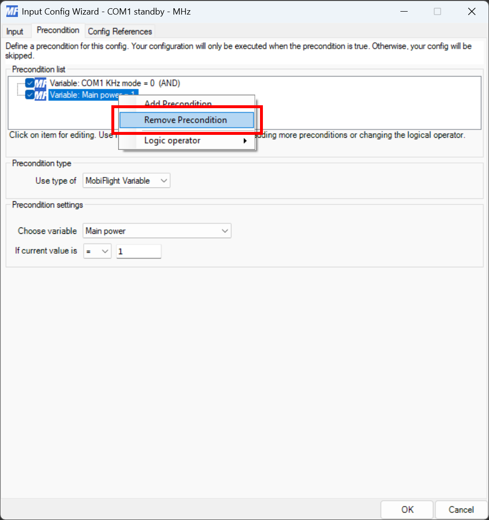 Screenshot of a precondition with the context menu open and the Remove Precondition menu item highlighted.