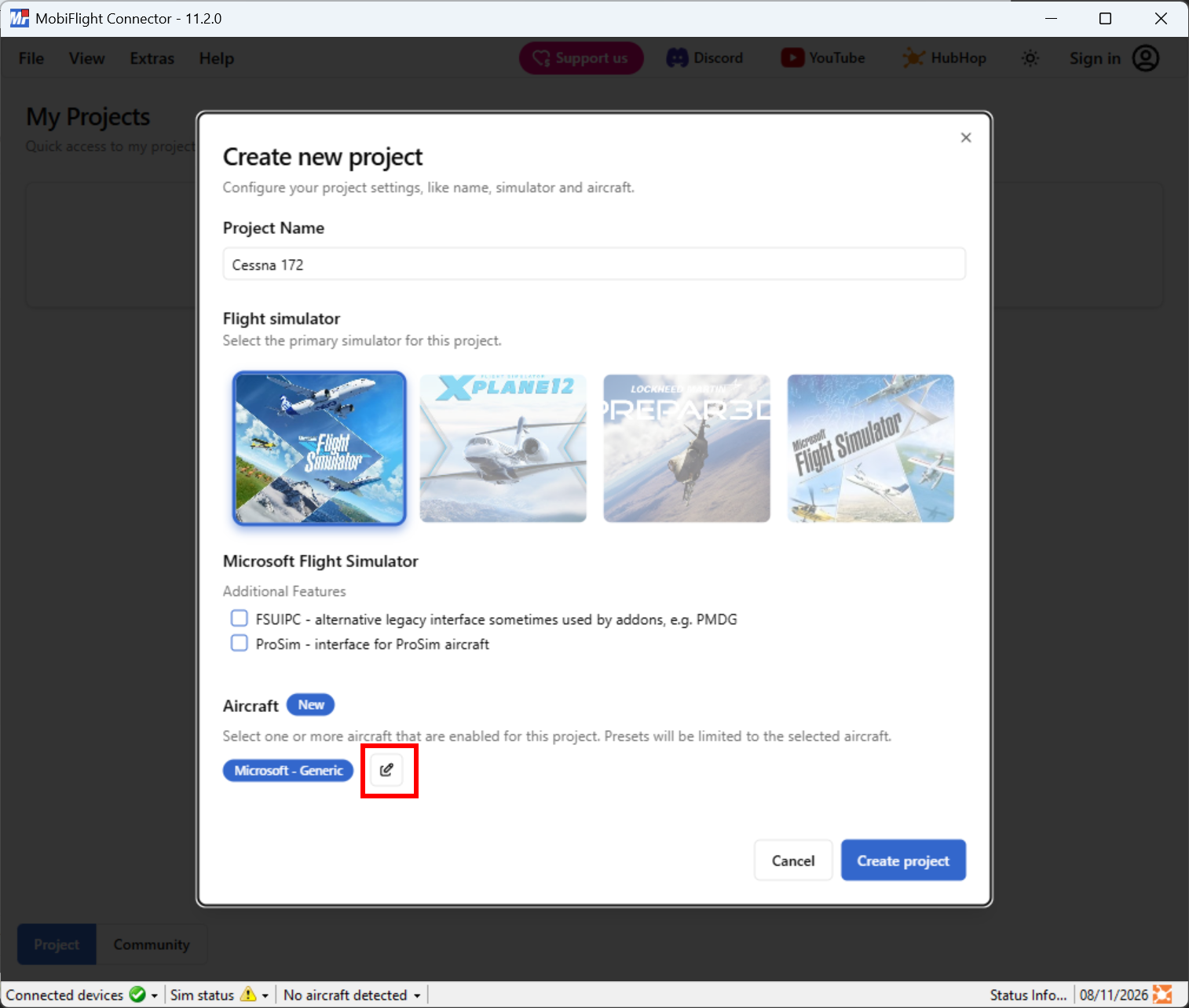 Screenshot of the new project dialog with aircraft edit button highlighted.