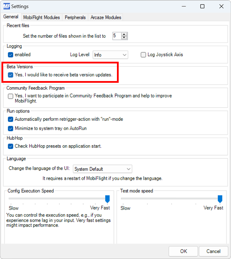 Screenshot of the Settings dialog with the Yes, I would like to receive beta version updates option checked.