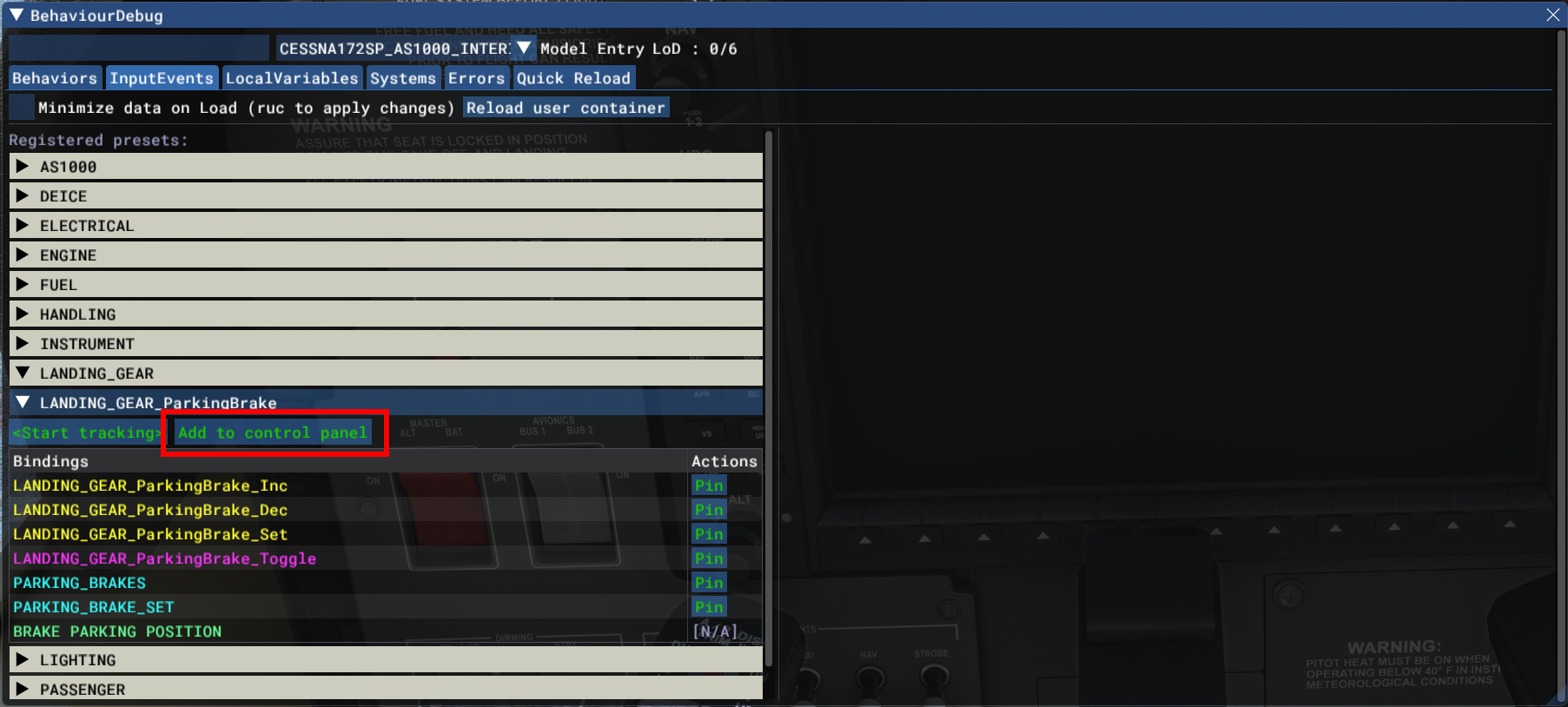 Screenshot of the behavior dialog with the Add to control panel button highlighted.
