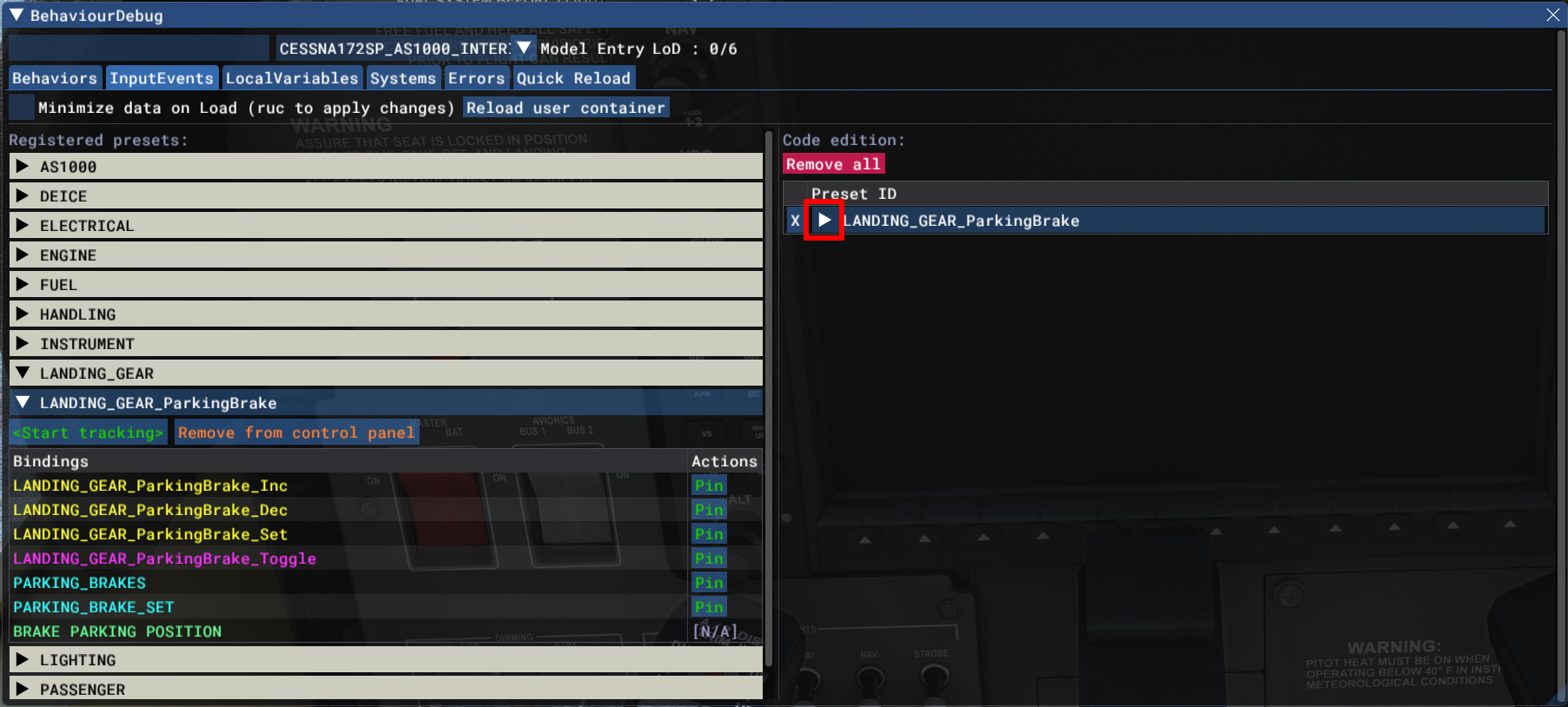 Screenshot of the behaviors dialog with the expand section triangle highlighted.