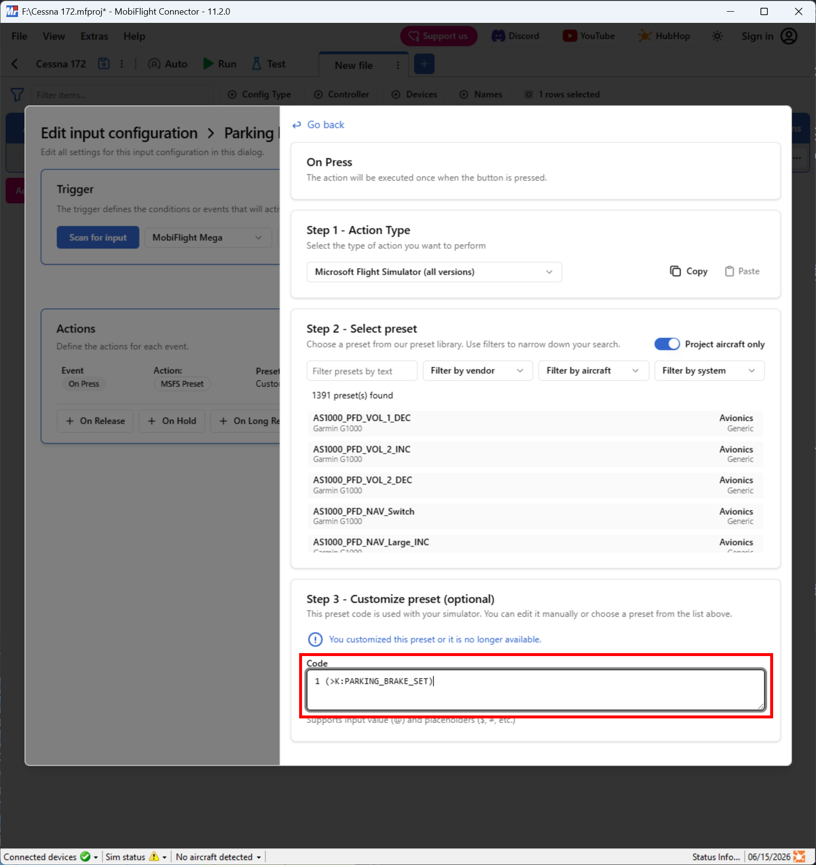 Screenshot of a MobiFlight input configuration with the code for applying the parking brake.