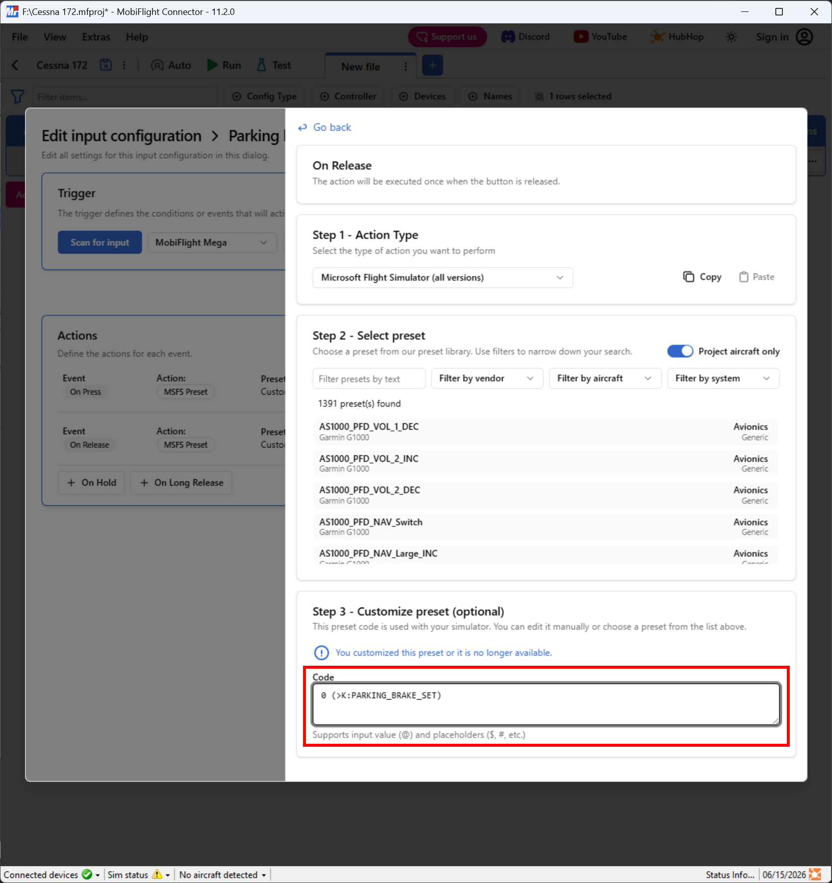 Screenshot of a MobiFlight input configuration with the code for releasing the parking brake.