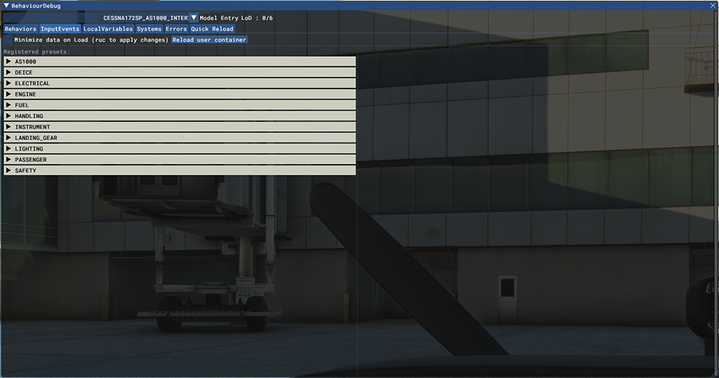 Screenshot of the behavior dialog after reloading the user container.