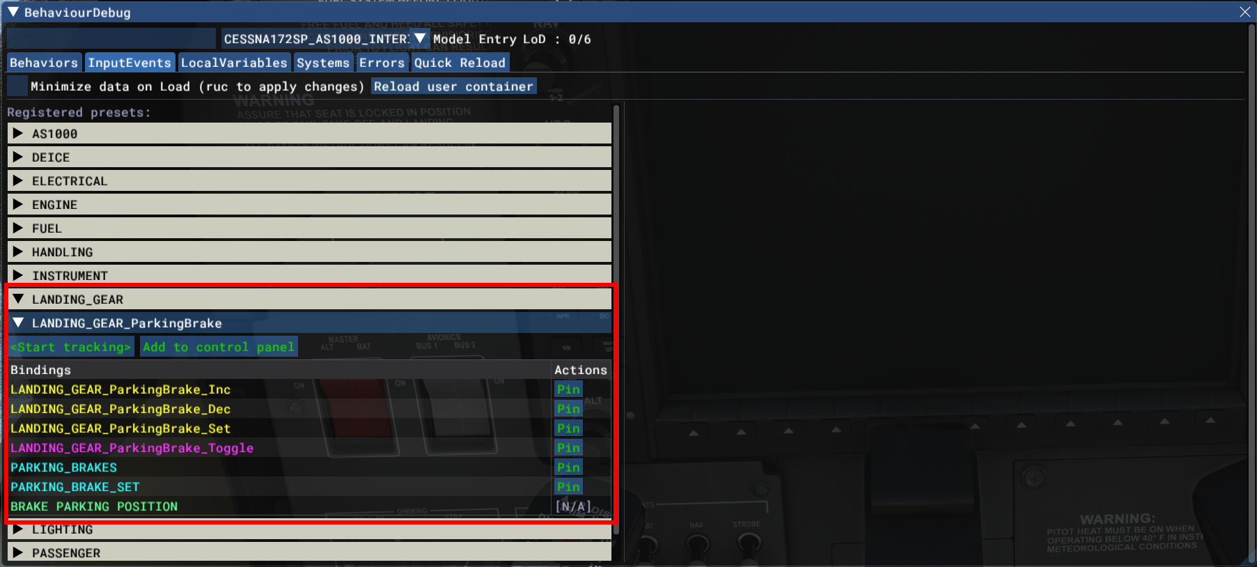 Screenshot of the behavior dialog with the LANDING_GEAR section expanded.
