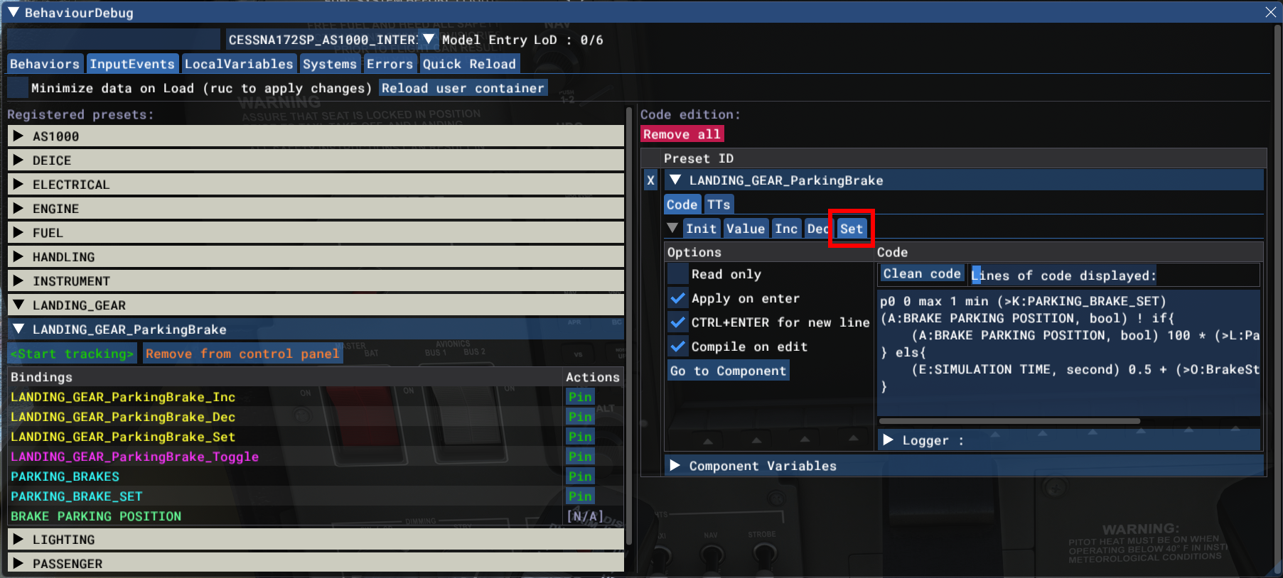Screenshot of the behaviors dialog with the set tab active and highlighted.