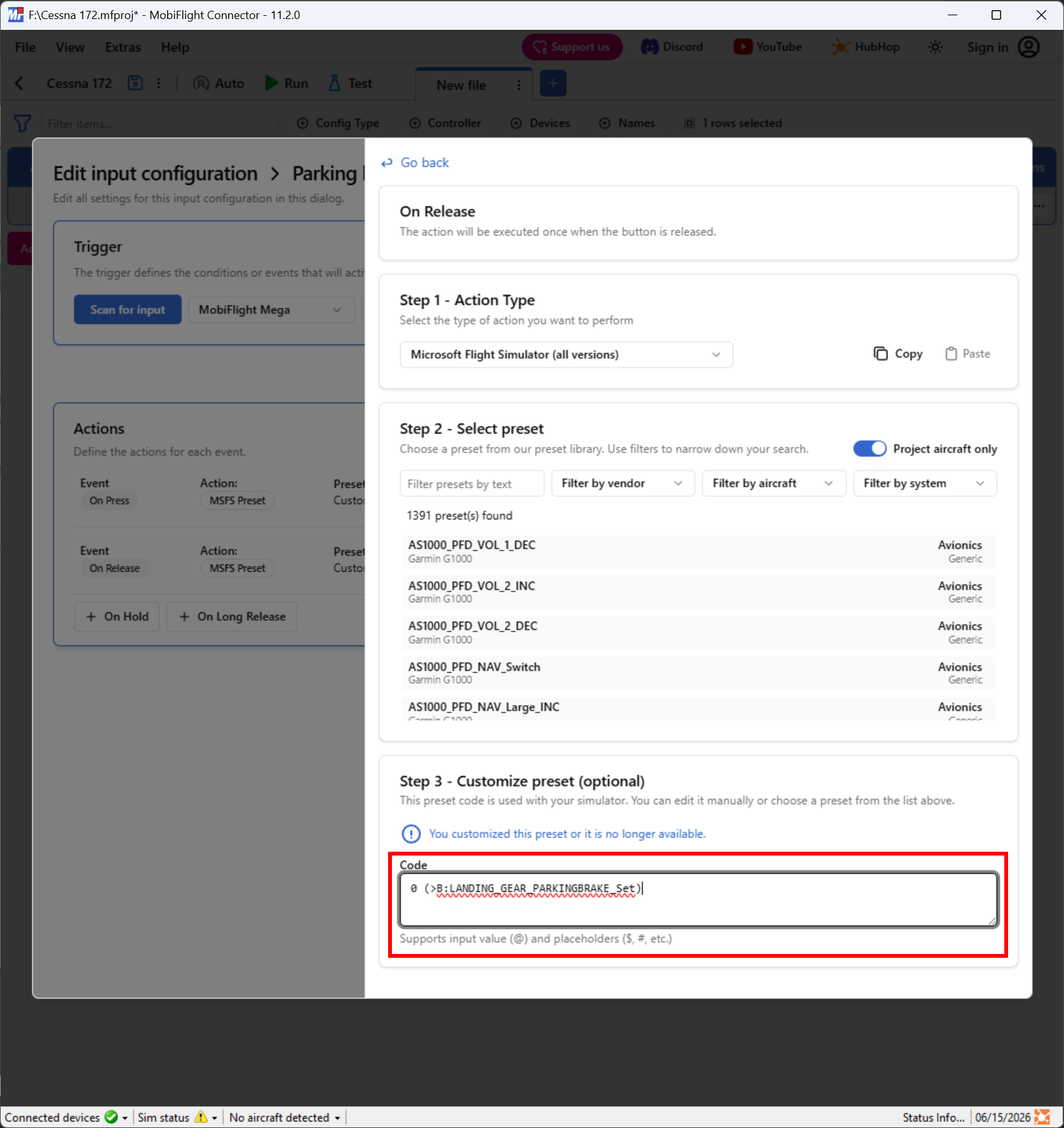 Screenshot of a MobiFlight input configuration with the code for releasing the parking brake.