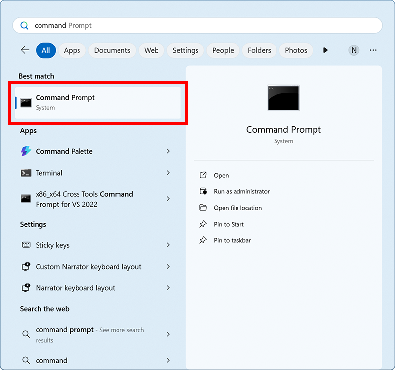 Screenshot of Windows start menu with the Command Prompt application highlighted.