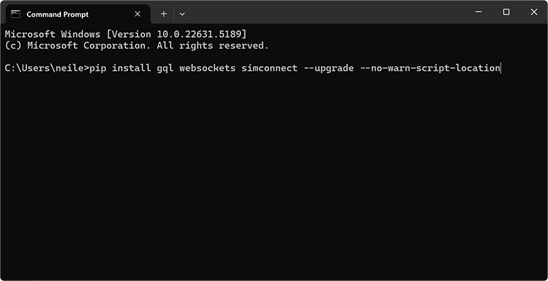 Screenshot of Command Prompt with the pip install command entered.