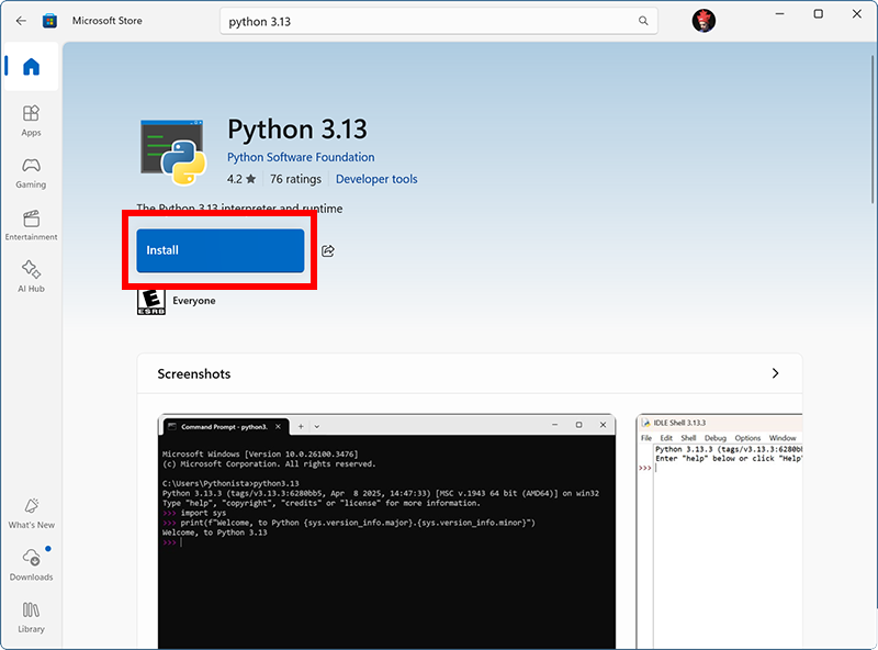 Screenshot of the Microsoft Store listing for Python 3.13 with the Install button highlighted.