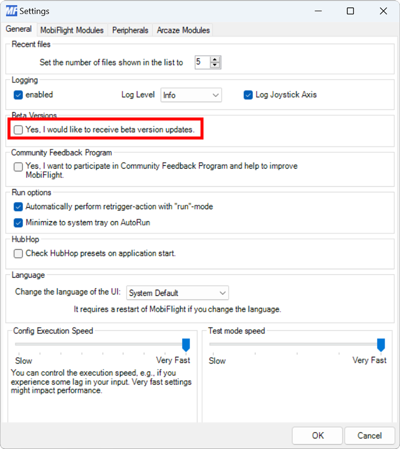 Screenshot of the settings dialog with the beta version updates checkbox unchecked.