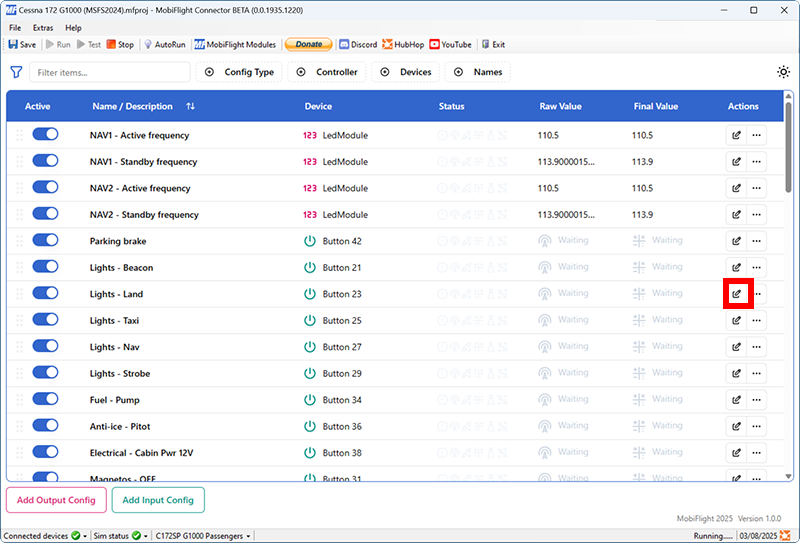 Screenshot of the main window with the edit config icon for the New Input Config row highlighted.