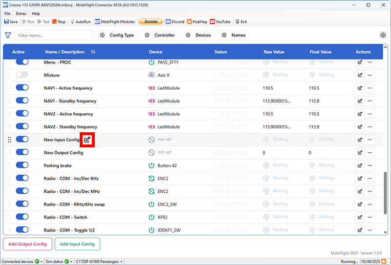 Screenshot of the main window with the edit name icon for the New Input Config row highlighted.