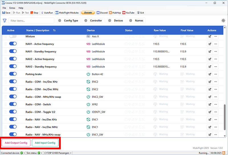 Screenshot of the main window with the Add Output Config and Add Input Config buttons highlighted.