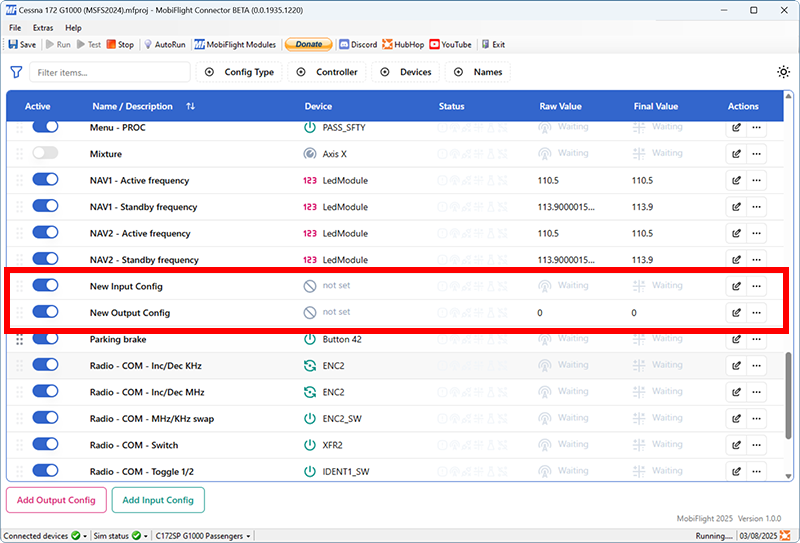Screenshot of the main window with a New Output Config and New Input Config row.