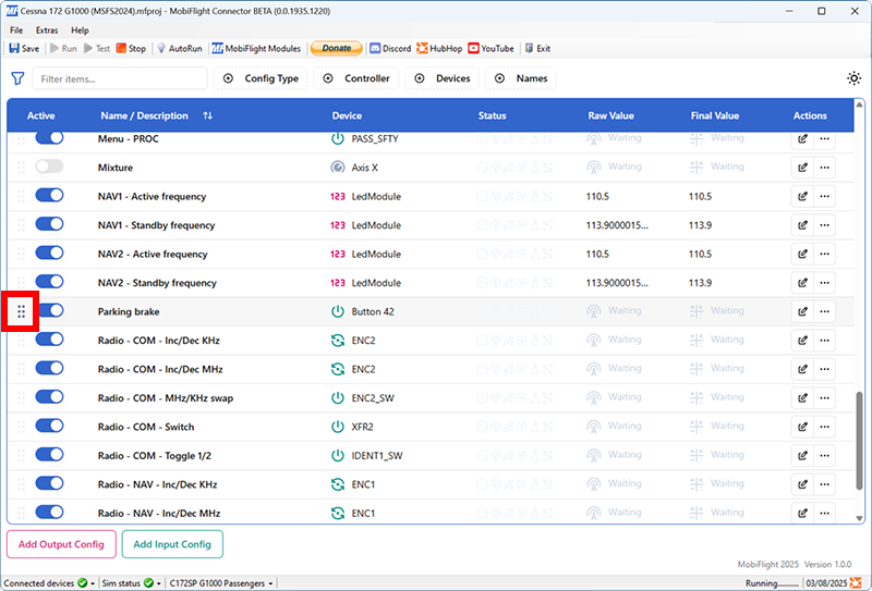 Screenshot of the main window with the re-order handle on a row highlighted.