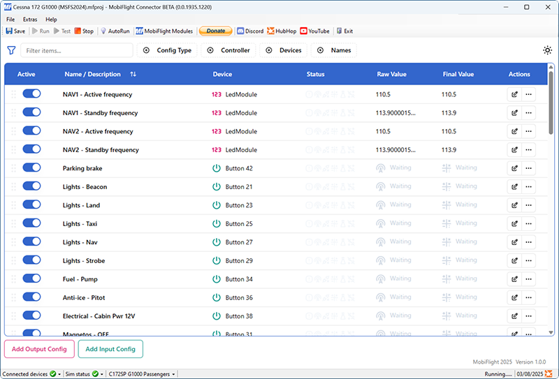 Screenshot of the main MobiFlight 11 window with an open project.
