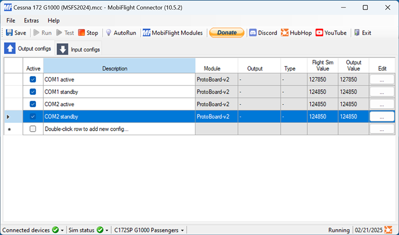 Screenshot of the output tab of the main MobiFlight window with four output configurations created.
