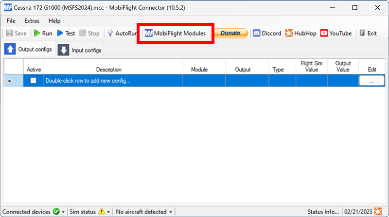 Screenshot of the MobiFlight main window with the MobiFlight Modules button highlighted.