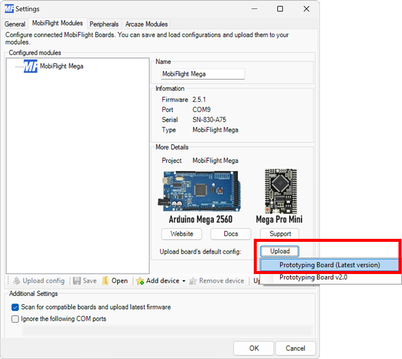 Screenshot of the MobiFlight Modules dialog with the Upload button selected.